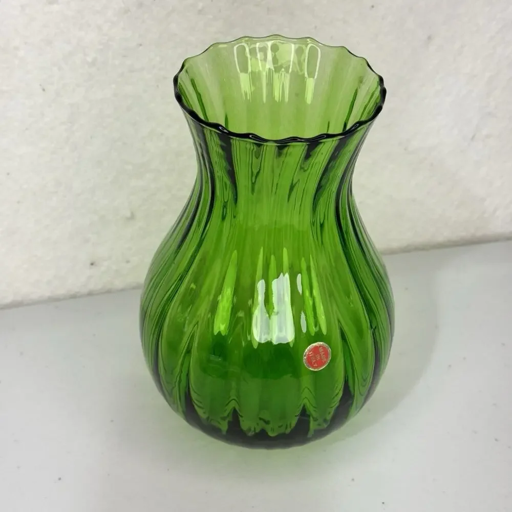 Empoli Ribbed Vase Emerald Green Ruffled Edge MCM VTG Hand Blown Made In Italy